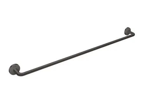 Schwarzer Handtuchhalter von AXOR, aus gebürstetem Metall, mit zwei runden Wandhalterungen an jedem Ende und langer, gerader Stange in der Mitte.